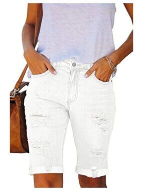 Women's Ripped Bermuda Jean Shorts Stretchy Mid Waist Casual Summer Denim